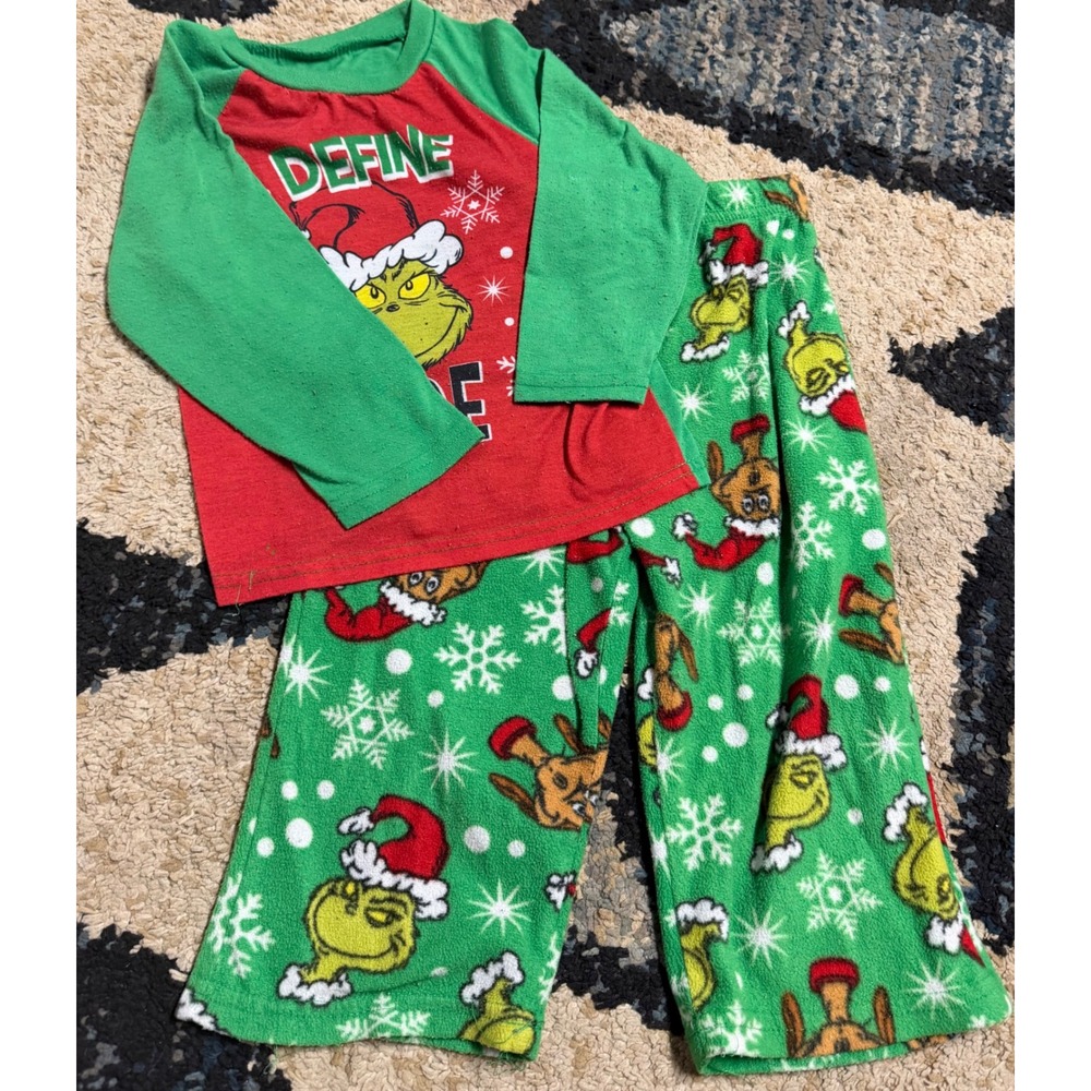Dr. Seuss The Grinch Christmas Pajamas Set Kids 3T Green Red Fleece Naughty Max